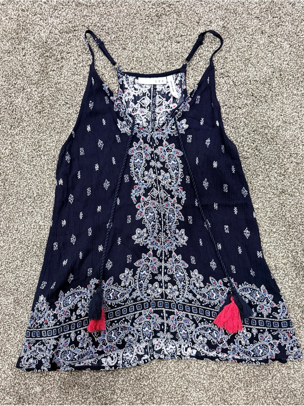 Navy Embroidered Tassel Cami Top